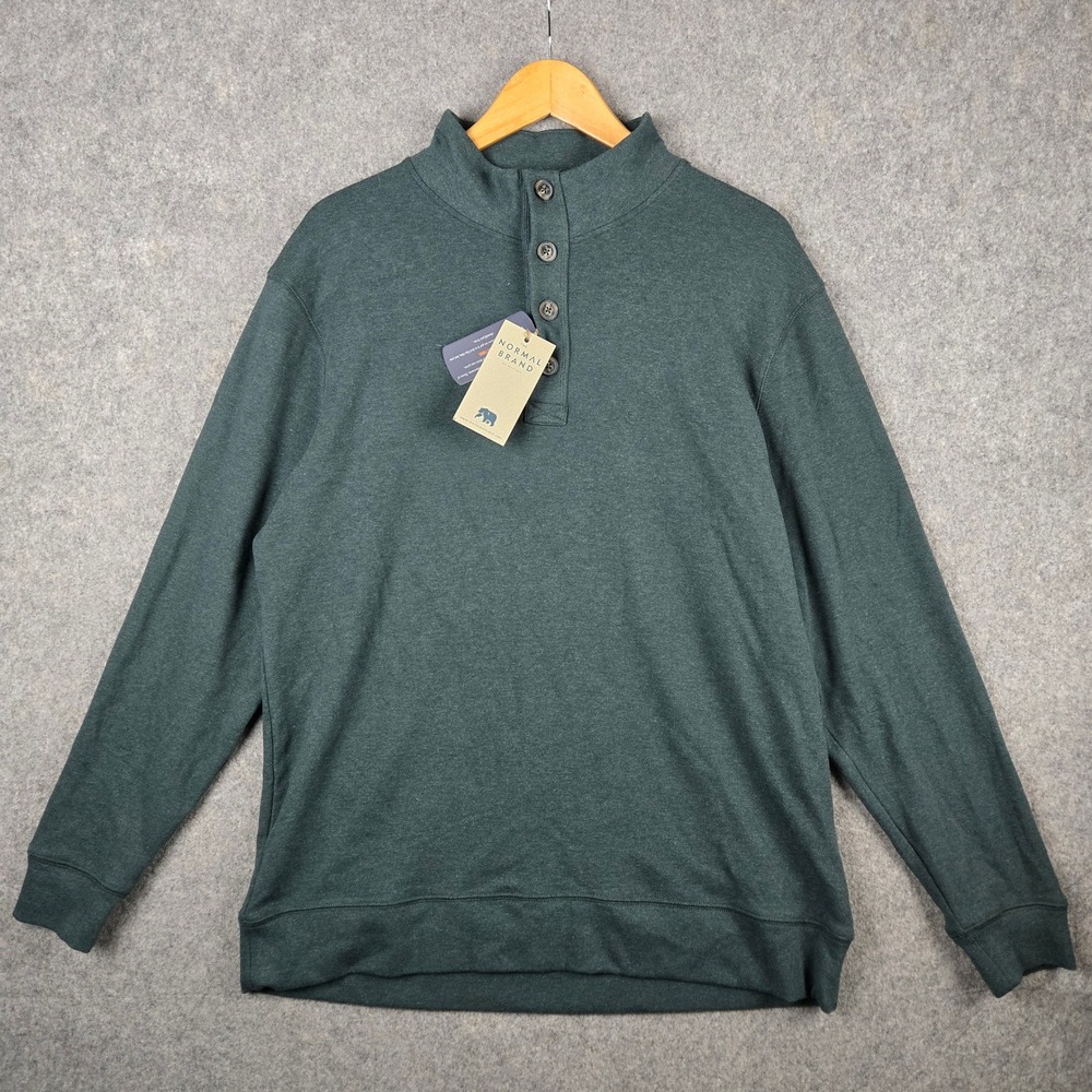 The Normal Brand Puremeso Button Popover Mens L Green Pullover Sweater Earthtone